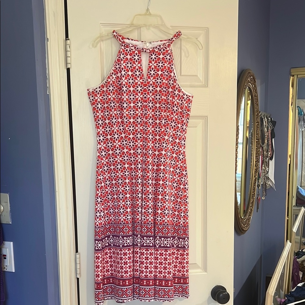 Red and White Halter Sheath Midi Dress